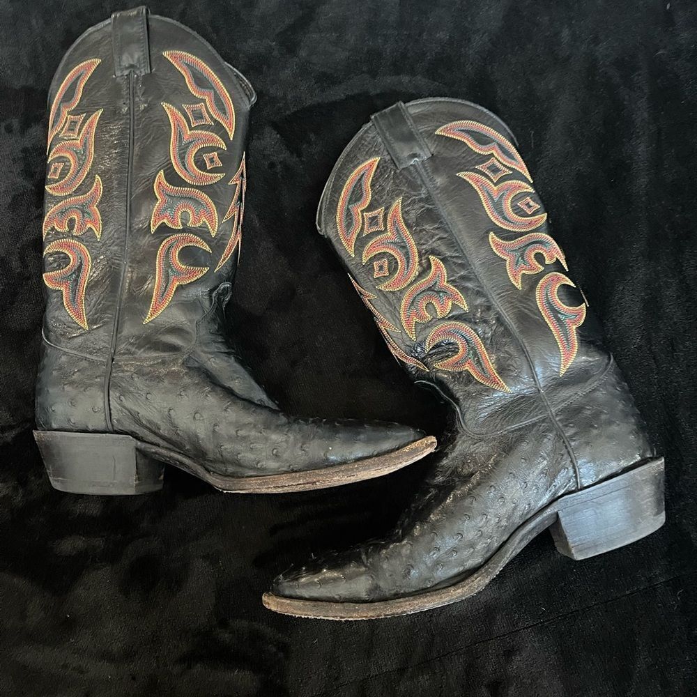 Justin western boot black full quill ostrich‎ with red trim, size 8 1/2D